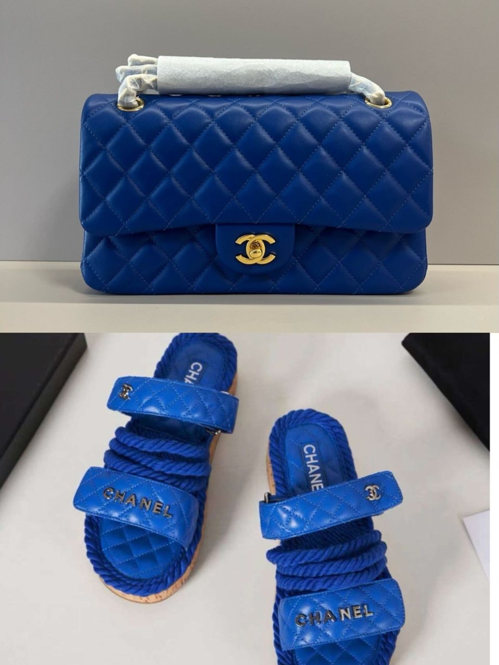 CHANEL Blue Quilted Satchel & Matching Sandal Set